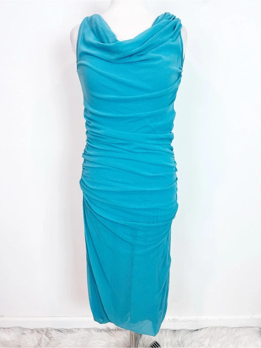 FUZZI MADE IN ITALY AQUA TURQUOISE BLUE MESH RUCHED SIDE DRESS WOMENS LARGE - Picture 1 of 3